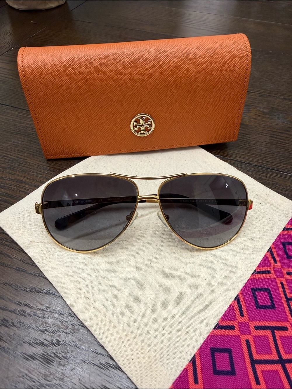 Tory Burch Aviator Black Gold Metal Polarized TY6035 Logo Sunglasses